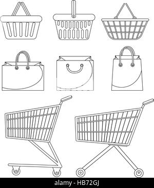 Einkaufswagen Sie Tasche, Korb, Wagen. Icon set, doodle, Linie, Stil zu skizzieren. Einkauf Supermarkt. Isoliert auf weißem Hintergrund. Vektor-Illustration. Stock Vektor