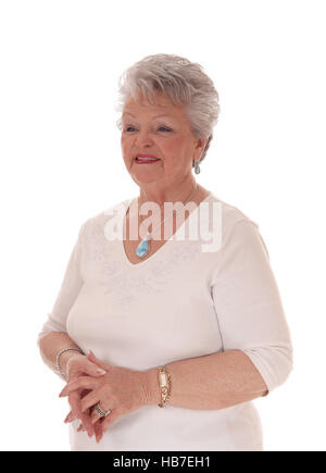 Glücklich Seniorin Frau wegsehen. Stockfoto