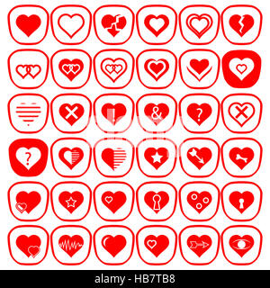 Reihe von verschiedenen roten Herzen Icons Stockfoto