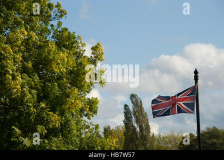 Union Jack fliegt von Fahnenmast vor blauem Himmel und vor dem Hintergrund von Bäumen in voller Laube Stockfoto