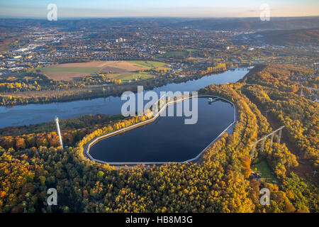 Luftaufnahme, Koepchenwerk Pumpspeicher Reservoir höher dam Waterpowerplant, See Hengsteysee, Herdecke, Ruhrgebiet, Stockfoto