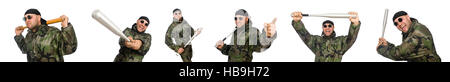 Soldat mit Baseballschläger auf weiß Stockfoto