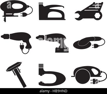 Werkzeuge mechanische Symbole gesetzt, schwarze Silhouette. Element-Logo, isoliert auf einem weißen Hintergrund. Vektor-illustration Stock Vektor