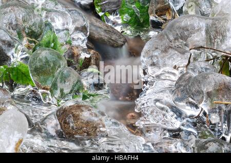 kleiner Wasserfall versteckt hinter dem Eis Stockfoto