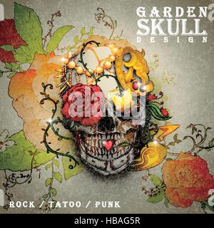 attraktiver Garten Schädel Design Plakat kombiniert mit Retro-florale Elemente Stock Vektor