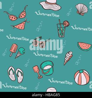 schönen Sommer handgezeichnete Strand wesentliche wie Sonnenbrille und Flip flops Stock Vektor