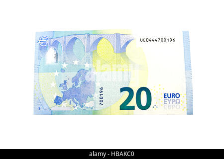 20 Euro-Banknote auf weißem Hintergrund. Stockfoto