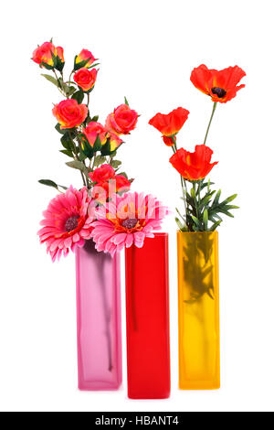Blumen in Vasen isoliert auf weißem Hintergrund. Stockfoto