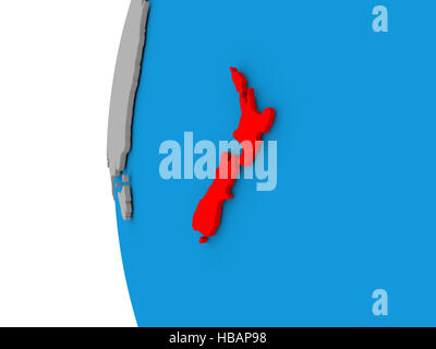 3D Karte von Neuseeland konzentriert in rot auf einfache Welt. 3D illustration Stockfoto