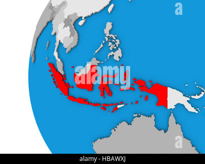 3D Karte von Indonesien konzentriert in rot auf einfache Welt. 3D illustration Stockfoto