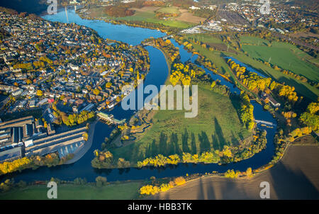 Luftaufnahme, Wasserkraftwerk an der Ruhr, Obergraben, Wetter (Ruhr), Ruhrgebiet, Nordrhein-Westfalen, Deutschland, Stockfoto