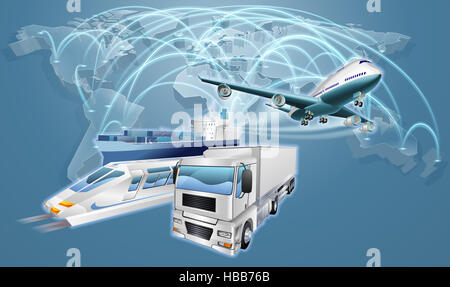 Welt Karte Flug Pfade Hintergrund Logistikkonzept mit Flugzeug, LKW und Bahn Stockfoto
