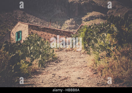 Schotterstraße führt in ein kleines Dorf nach Hause (Suche aufgegeben) in Gran Canaria, Spanien Stockfoto