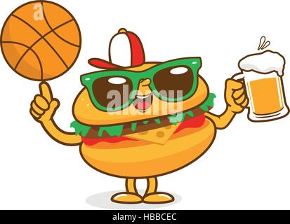Cartoon-Fast-Food-Burger und Sportfigur. Ein Hamburger-Charakter hält ein Glas Bier und spielt mit einem Basketballball. Vektorabbildung Stock Vektor