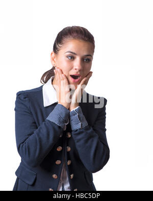 überrascht Frau legte Hände auf den Mund Stockfoto