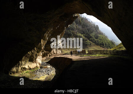 Hanzhong, China. 5. Dezember 2016. Foto aufgenommen am 5. Dezember 2016 zeigt den Eingang von einer riesigen Karst Doline in Zhenba, County Hanzhong Stadt, Nordwesten der chinesischen Provinz Shaanxi. Ein Cluster von riesigen Karst Dolinen, auch bekannt als Tiankengs, insgesamt Shaanxi.In entdeckt worden, 49 Tiankengs und über 50 Trichter von zwischen 50 bis 100 Meter im Durchmesser fanden sich in den über 200 km Karst Landform Gürtel in Hanzhong City. © Tao Ming/Xinhua/Alamy Live-Nachrichten Stockfoto