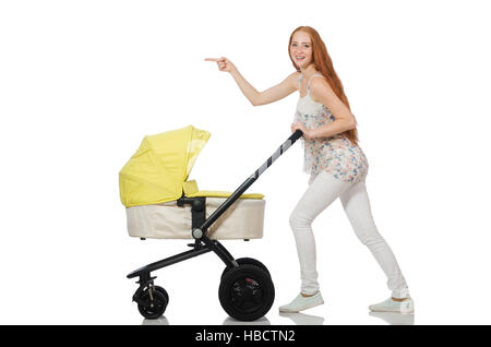 Frau mit Baby und Kinderwagen isoliert auf weiss Stockfoto