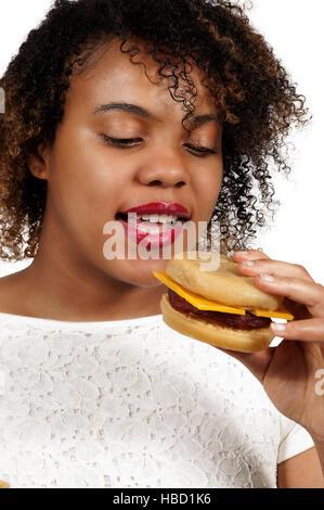 Frau mit Hamburger Stockfoto