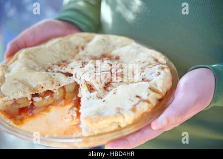 Mann hält einen frisch gebackenen Apfelkuchen garniert mit Zimt an einem sonnigen Tag. Stockfoto