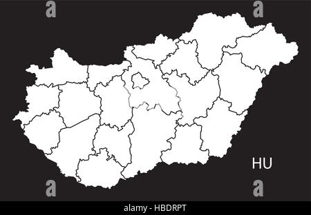 Ungarn Grafschaften Karte schwarz weiß Stock Vektor
