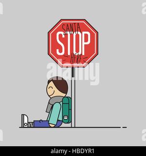 Santa Stoppschild hier von einem Kind gemacht. Flaches Design-Vektor-Illustration. Stock Vektor