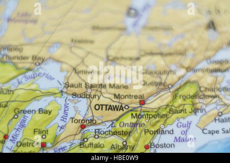 Schönes Foto von einer Karte von Kanada und der Hauptstadt Ottawa. Stockfoto