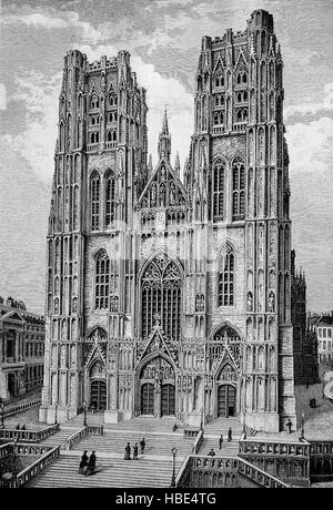 Die Kathedrale St. Michael und St. Gudula ist eine römisch-katholische Kirche in Brüssel, Belgien, Illustration, Holzschnitt aus dem Jahr 1880 Stockfoto