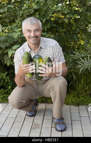 Zufrieden Mann mit drei zucchin Stockfoto