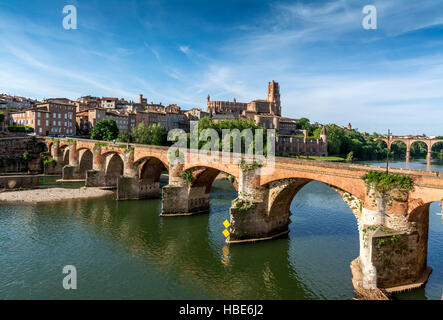 Albi. Alte Brücke (Le pont vieux) und Kathedrale Saint Cecilia, Fluss Tarn, Departement Tarn, Occitanie, Frankreich, Europa Stockfoto