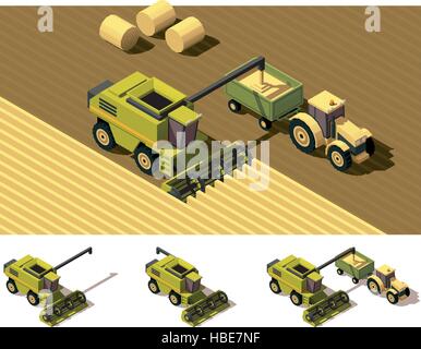 Vektor isometrische low-Poly Mähdrescher Mähen Stock Vektor