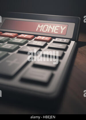 Rechner mit dem Wort "Geld" auf dem Display. 3D Darstellung, Konzept-Image von Unternehmen und Finanzen. Stockfoto