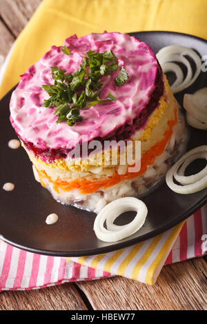 Traditionelle russische Salat Hering unter Pelz Mantel Nahaufnahme auf einer Platte. vertikale Stockfoto