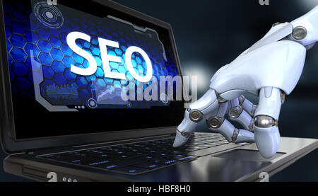 Nahaufnahme eines SEO Konzept auf Landing Page von Laptop Stockfoto