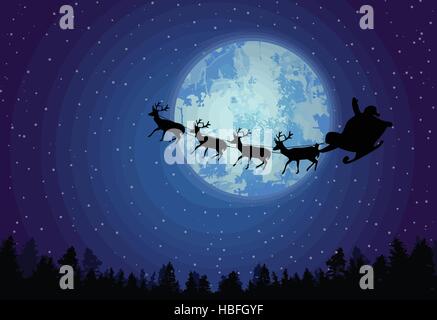 Der Schlitten des Weihnachtsmannes vor der Vollmond am schönen blauen Nacht, Vektor-illustration Stock Vektor