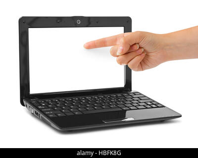 Notebook-Computer und zeigende hand Stockfoto