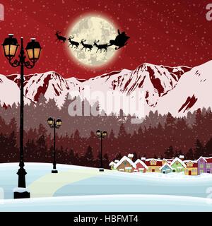 Der Schlitten des Weihnachtsmannes vor Vollmond in schöne Schneelandschaft Stock Vektor