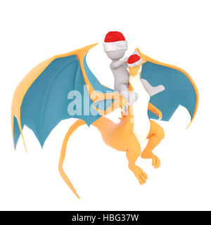 3D Mann in einem roten Santa Weihnachten Hut Reiten auf dem Rücken eines mythischen geflügelten Drachen, isoliert gerenderte Darstellung auf weiß Stockfoto