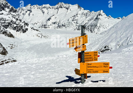 Wegweiser im Schnee, Aletschgletscher, Aussichtspunkt Moosfluh, Riederalp, Kanton Wallis, Schweiz Stockfoto