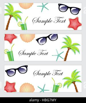 Eine Reihe von Strandzubehör, Zubehör, Tourismus, Reisen Banner. Vorlage-Banner-Sommer-Thema, Strand. Palma, cocktail, Seestern, Sonnenbrille banner gesetzt. Vektor-illustration Stock Vektor