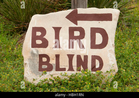 Vogel blind Schild, South Llano River State Park, Texas Stockfoto