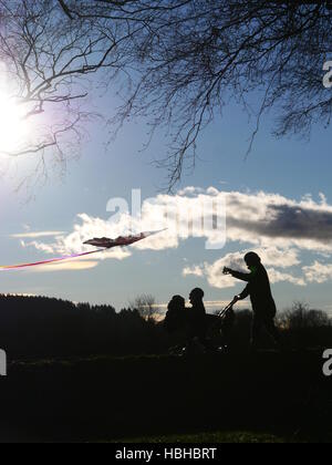 Junge Frau mit Kinderwagen im Park spazieren Stockfoto