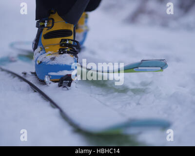 Nahaufnahme des Skifahrers gehen auf Schnee Stockfoto