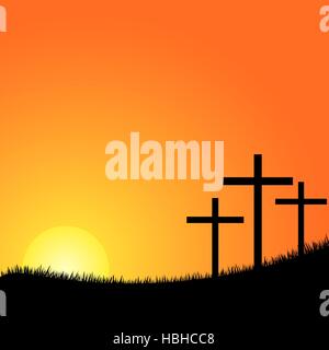 Kreuze-Silhouette auf der Spitze eines Berges bei Sonnenuntergang Stock Vektor