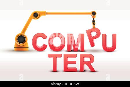 industrielle Roboterarm bauen COMPUTER Wort auf weißem Hintergrund Stock Vektor