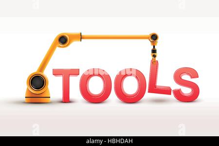 industrielle Roboterarm Gebäude Werkzeuge Wort auf weißem Hintergrund Stock Vektor