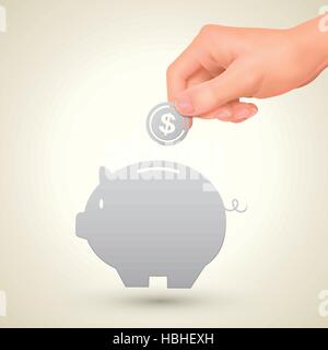 Speichern von Konzept: Hand, eine Münze ins Sparschwein über Beige Hintergrund Stock Vektor
