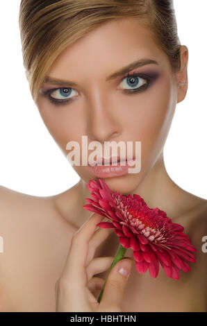 junge Frau mit roten Chrysantheme Stockfoto