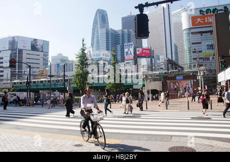 Japaner zu Fuß Zebrastreifen befahrenen Straße und Mountainbike Fahrrad Weg neben befahrenen Straße in Shinjuku City am 20. Oktober 2016 in Tokio, Japan Stockfoto