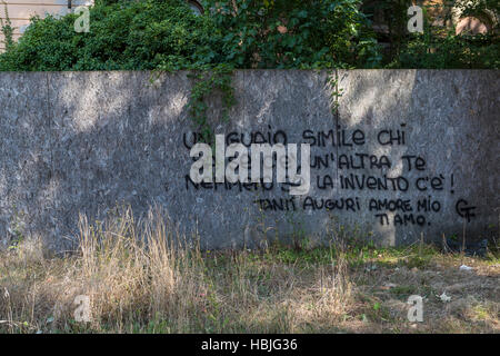 Geburtstag wünsche Spray auf das Horten von einem leeren Gebäude bemalt. Graffiti, Bagni di Lucca, Toskana Stockfoto