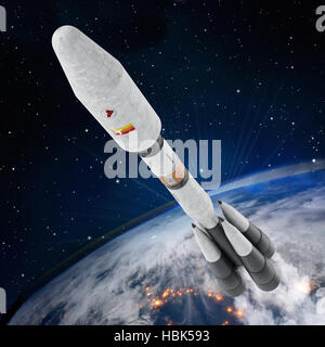 Weltraumrakete lässt die Erdatmosphäre. 3D Illustration. Stockfoto